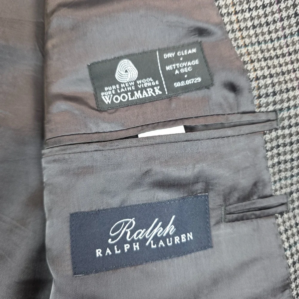 Ralph Lauren Blazer Mens 44R Gray Houndstooth Wool Single Breasted Formal Lined